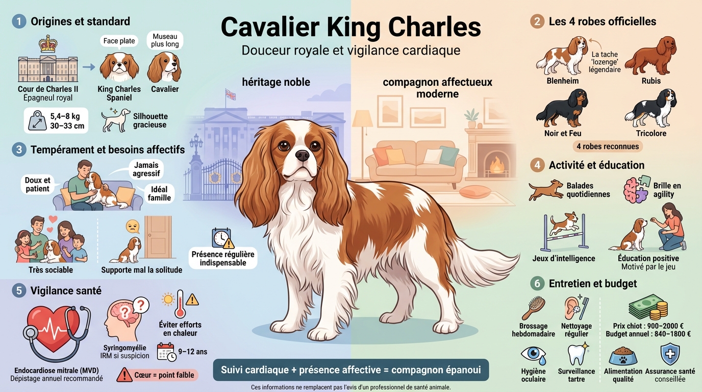infographie : Le cavalier king charles caractère, santé et entretien!
