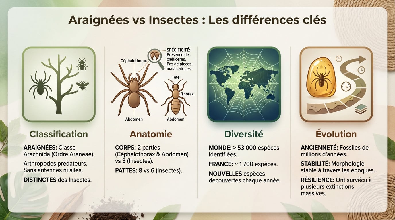 Schéma comparatif illustrant les différences anatomiques entre une araignée et un insecte