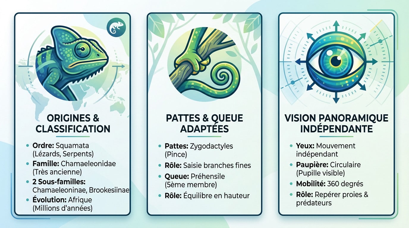 Infographie présentant les caractéristiques anatomiques uniques du caméléon