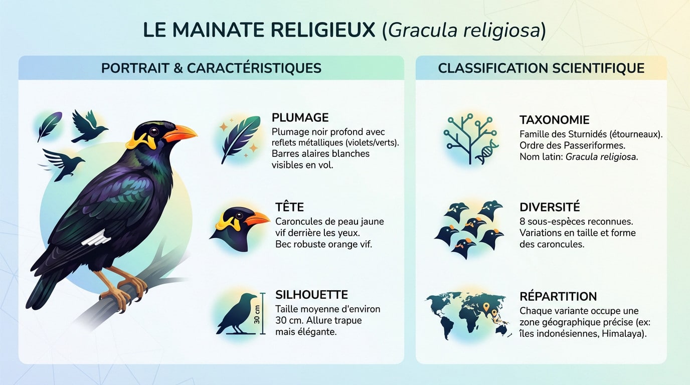 Mainate religieux ou Gracula religiosa posé sur une branche avec ses caroncules jaunes visibles