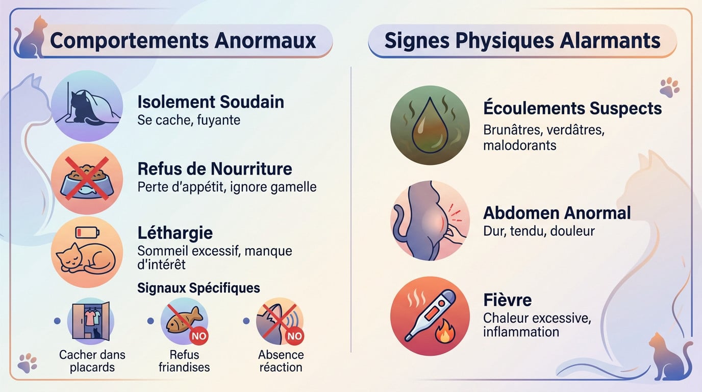 Chatte gestante couchée présentant des signes de fatigue et d'isolement