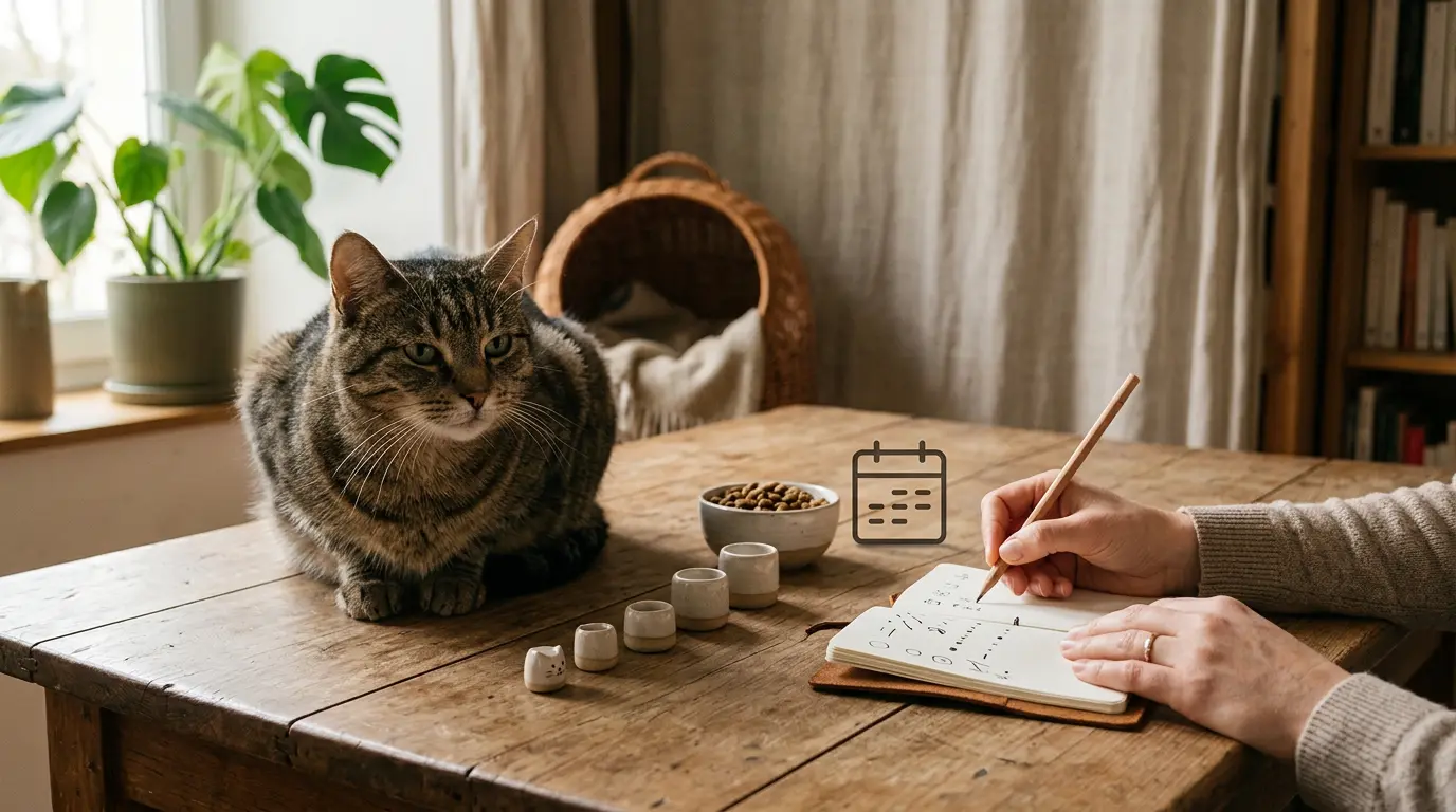 Chat calme sur une table, carnet en main, tokens illustrant l'âge chat en humain, ambiance chaleureuse et informelle.