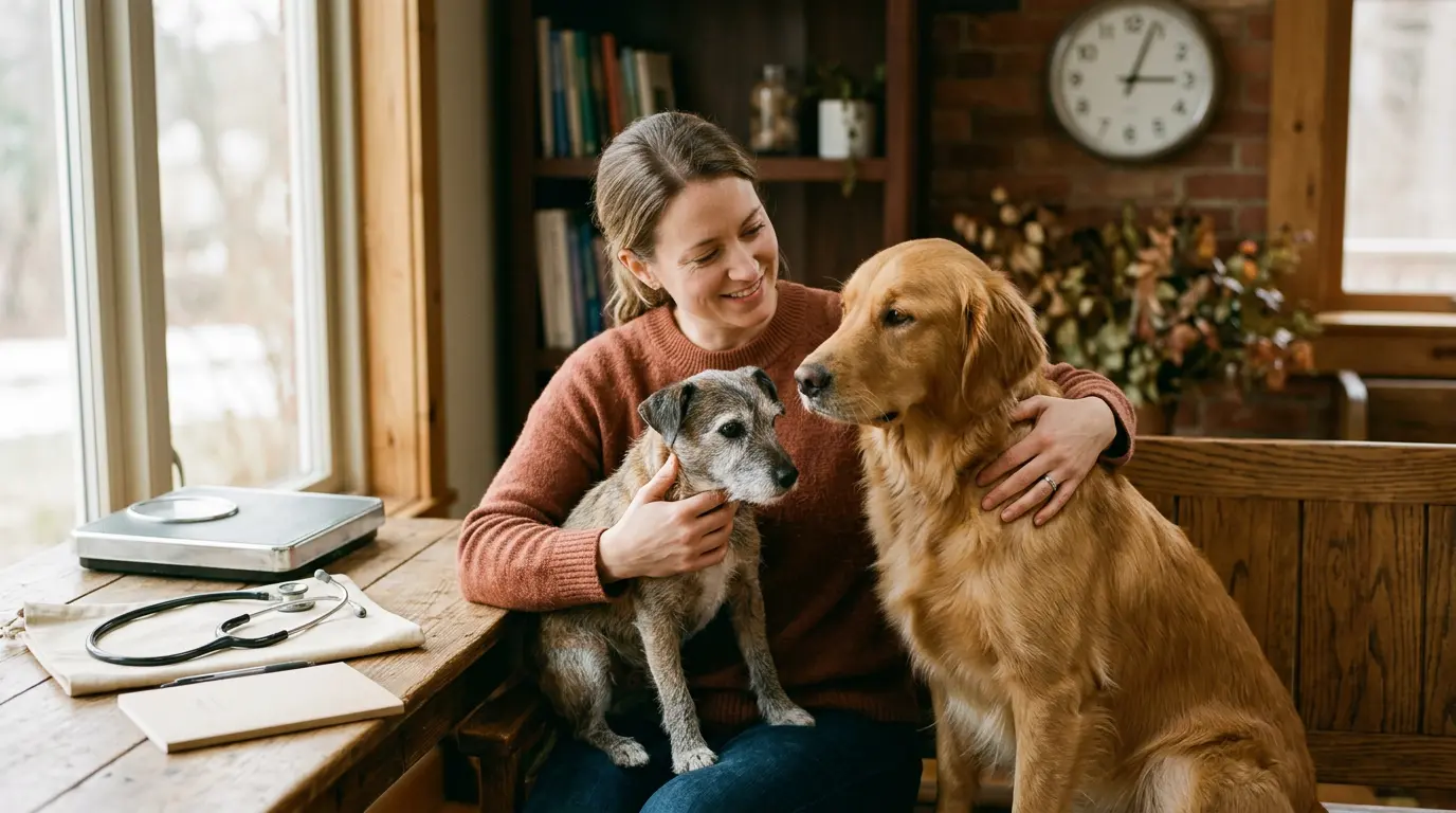Couverture illustrant l'âge chien en humain, avec un propriétaire et deux chiens, stéthoscope et échelle sur une table.
