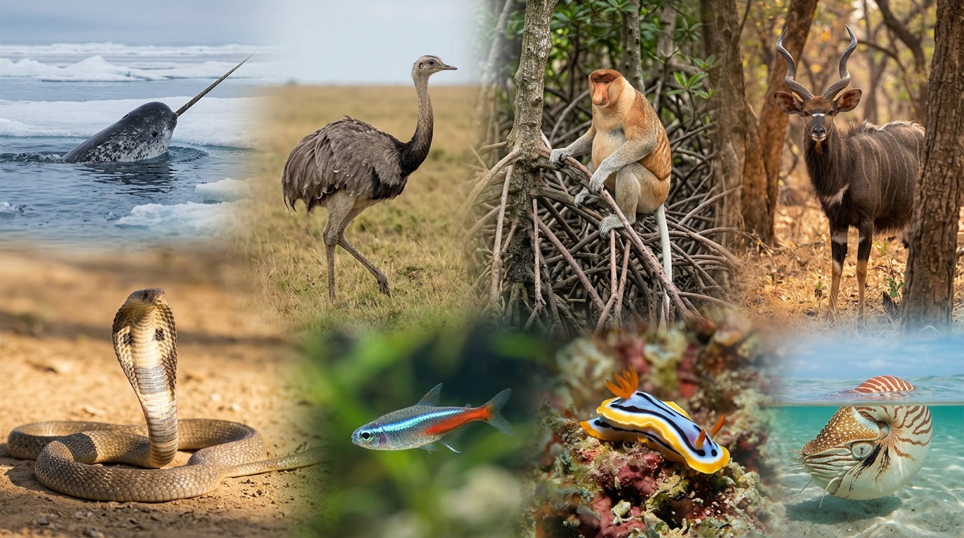 Collage éducatif d'animaux en n : narval, nandou, nasique, nyala, cobra, néon, nudibranch et nautilus.