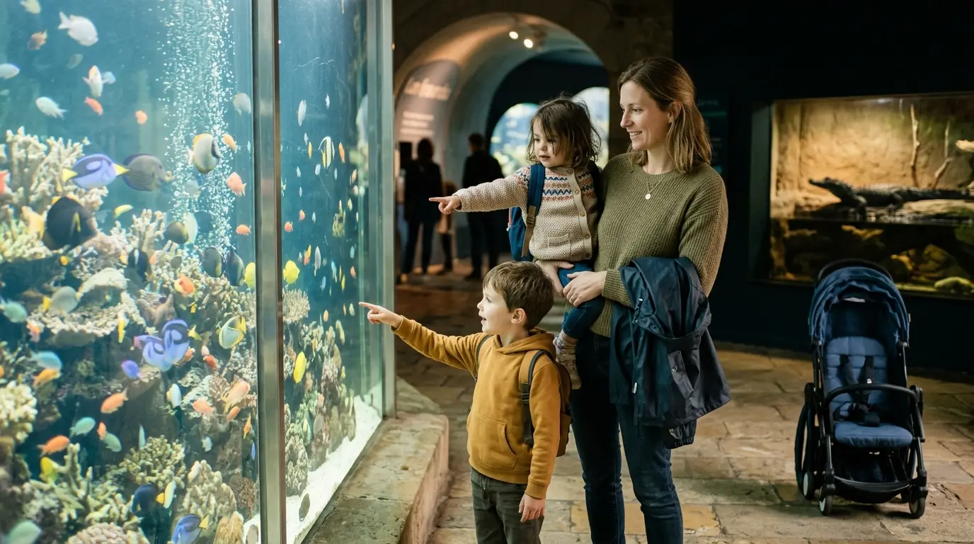 Scène intérieure d'un aquarium Périgord Noir, parent et enfants émerveillés devant un grand aquarium de poissons tropicaux.