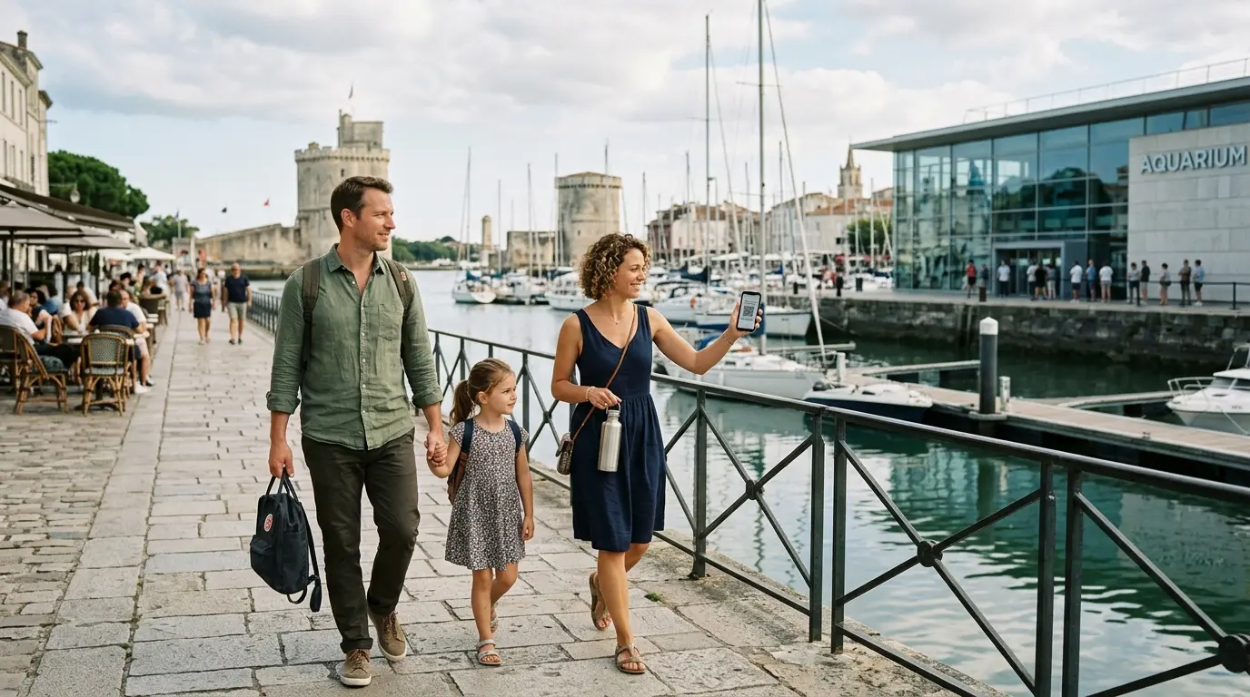 Famille se promenant vers l'aquarium rochelle, smartphone en main, ambiance calme au bord du port.