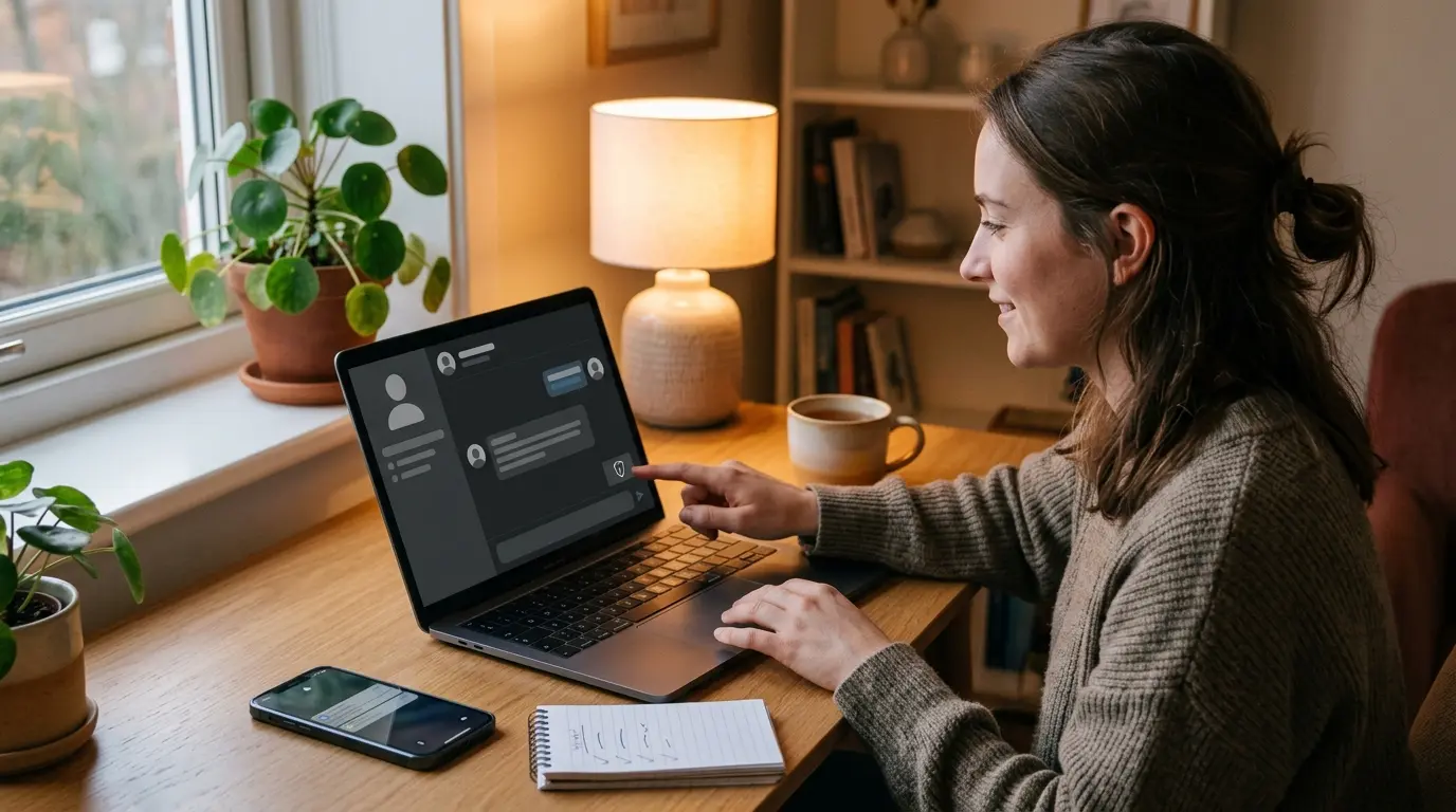 Personne à un bureau cosy utilisant un ordinateur et un smartphone, illustrant la sécurité en ligne avec avenida chat.