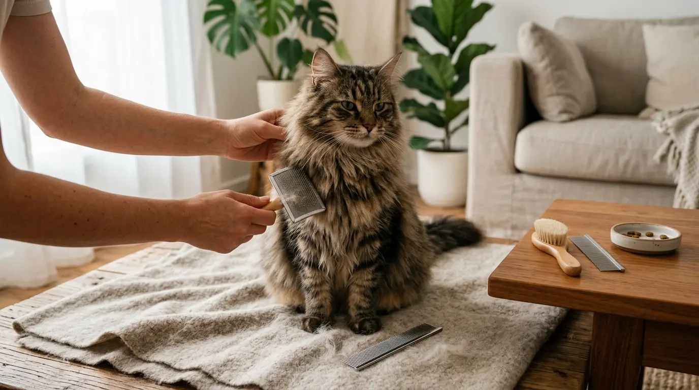 Chat à poils longs se faisant brosser sur une couverture douce, ambiance sereine et chaleureuse dans un intérieur minimaliste.