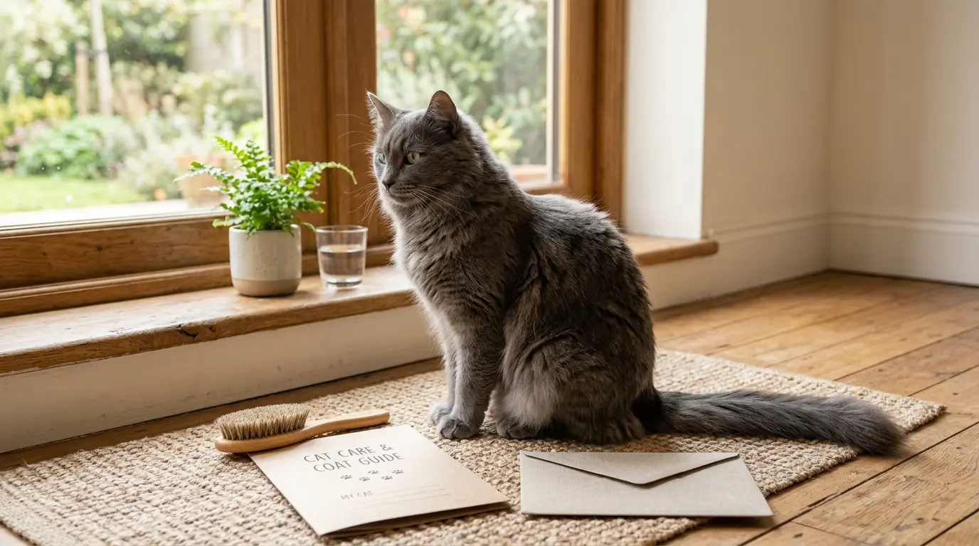 Calme chat gris assis près d'une fenêtre, mettant en valeur sa fourrure douce et ses variations de couleur sur un sol en bois.