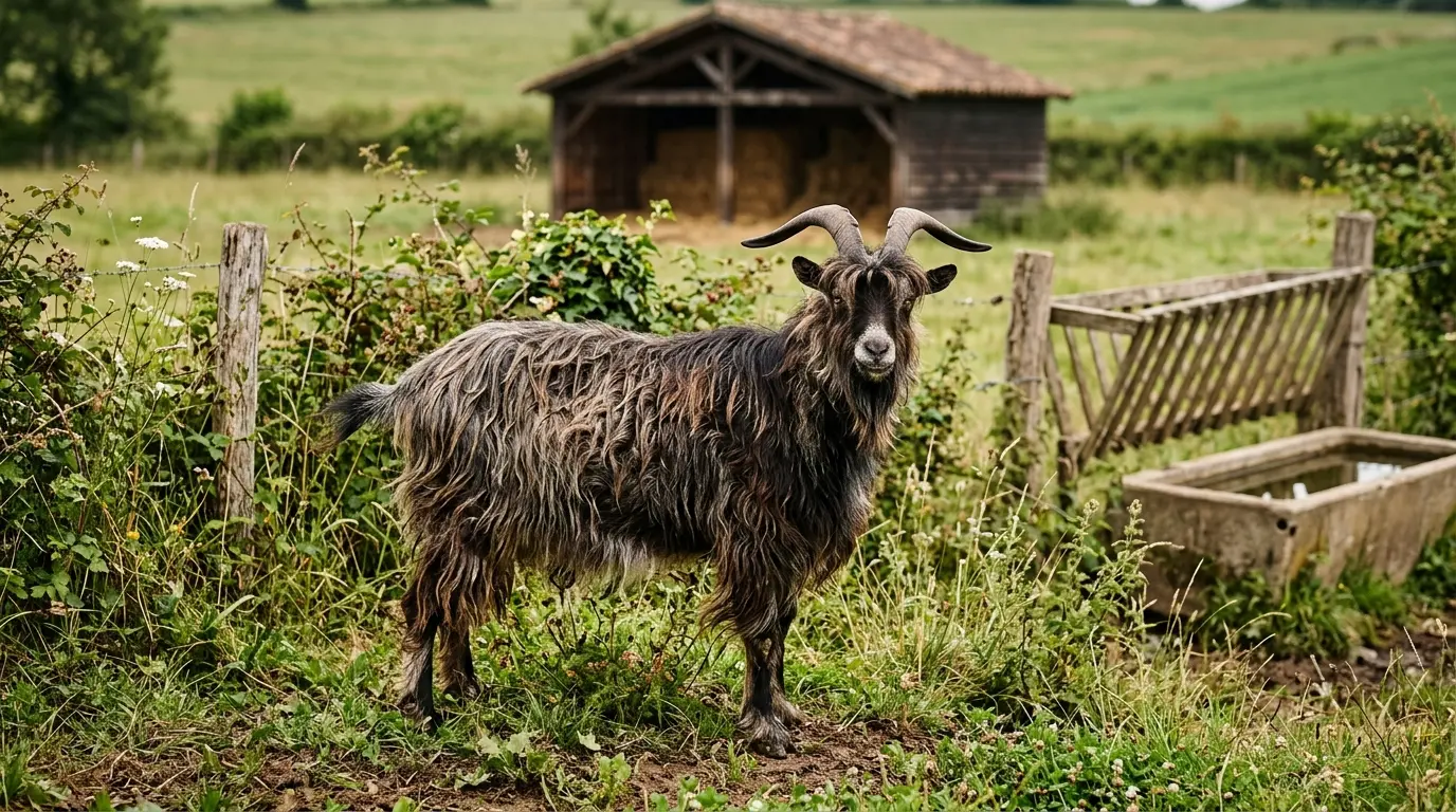 Chevre poitevine aux longs poils, paisiblement dans un pâturage verdoyant, avec brins et haies en arrière-plan.