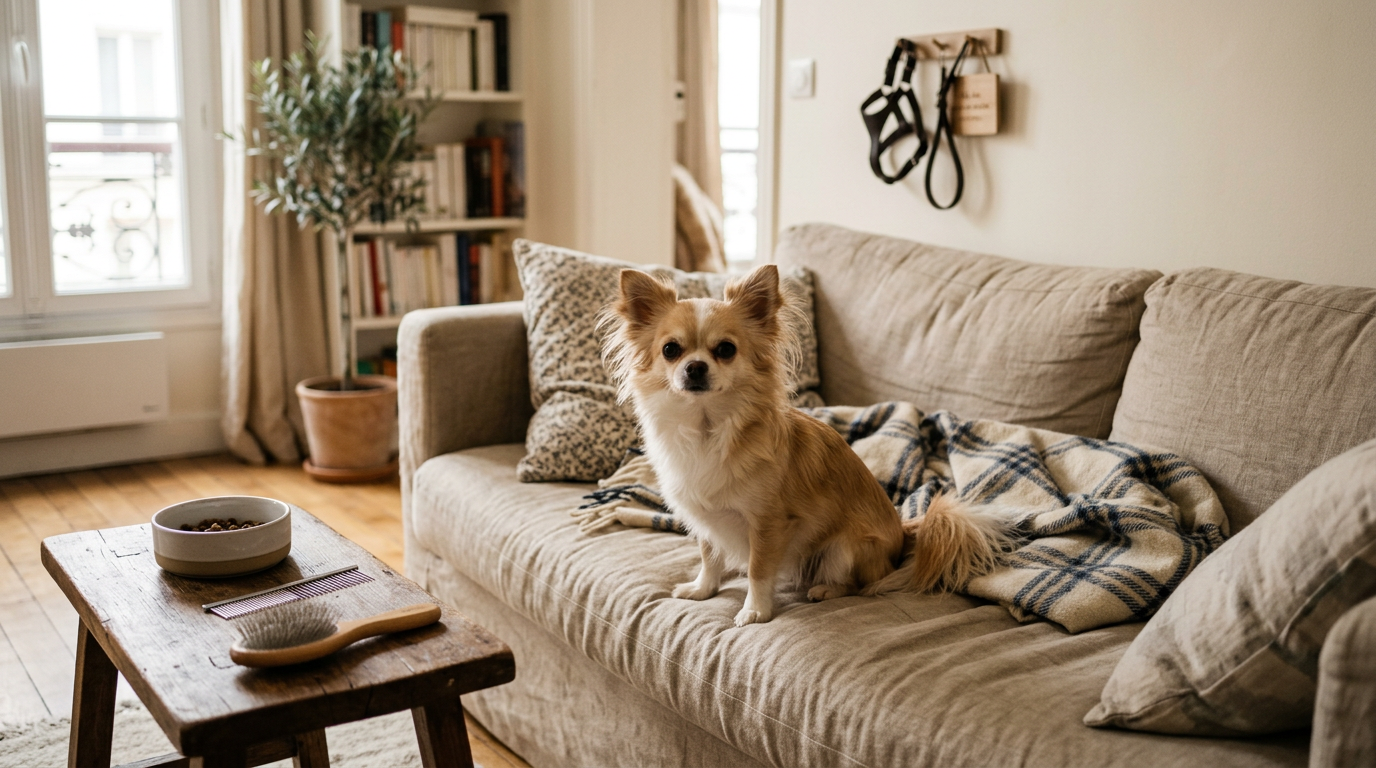 Chihuahua poil long assis sur un canapé beige, ambiance chaleureuse et soins animaliers dans un appartement français.