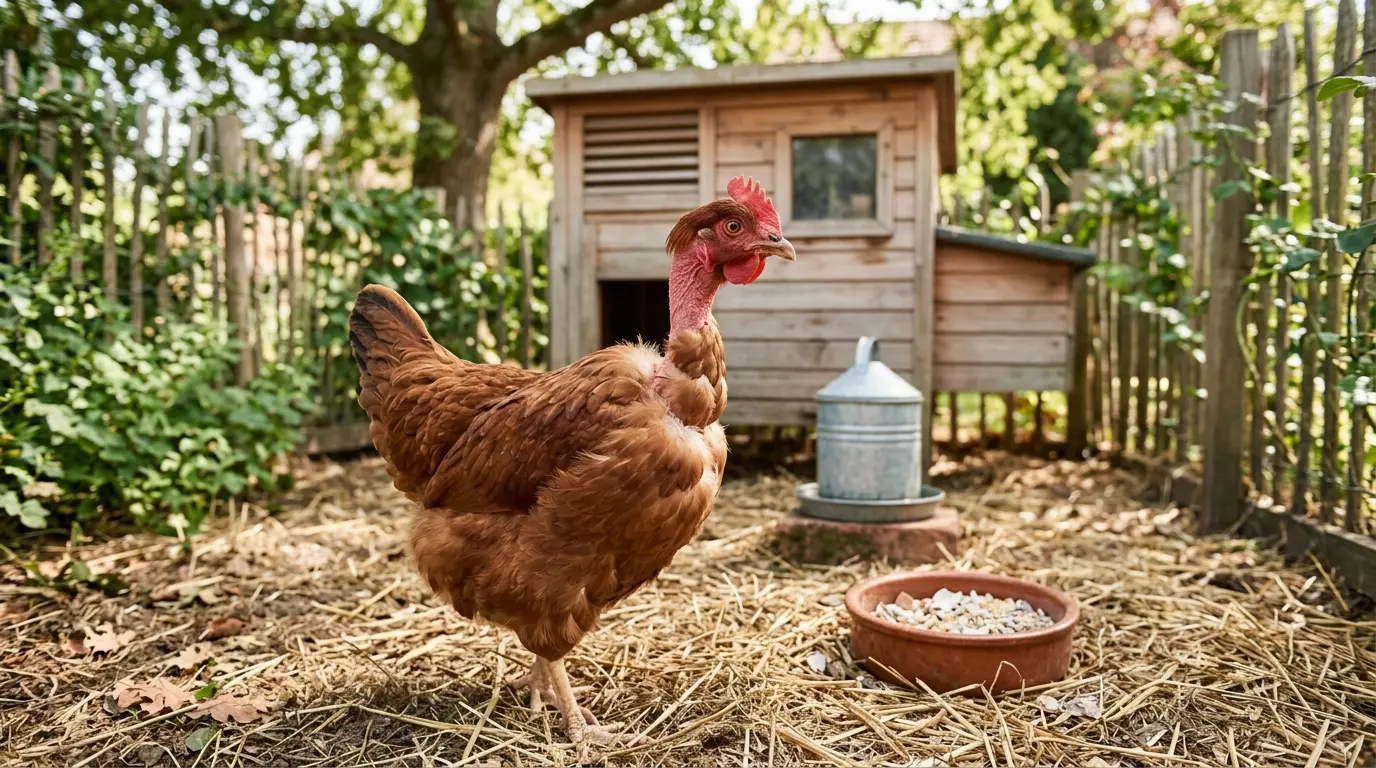 Cou nu poule en trois-quarts, plumage propre, cou rose, dans un environnement de poulailler soigné et naturel.