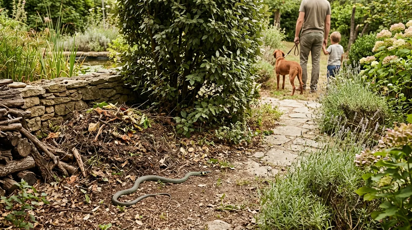 Couleuvres France : une couleuvre non-venimeuse glisse près d'un tas de compost dans un jardin paisible et naturel.