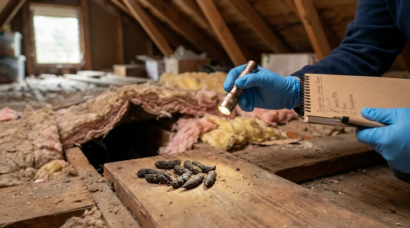 Homme inspectant des crottes de fouine dans un grenier, avec lampe et carnet, sur un plancher en bois.