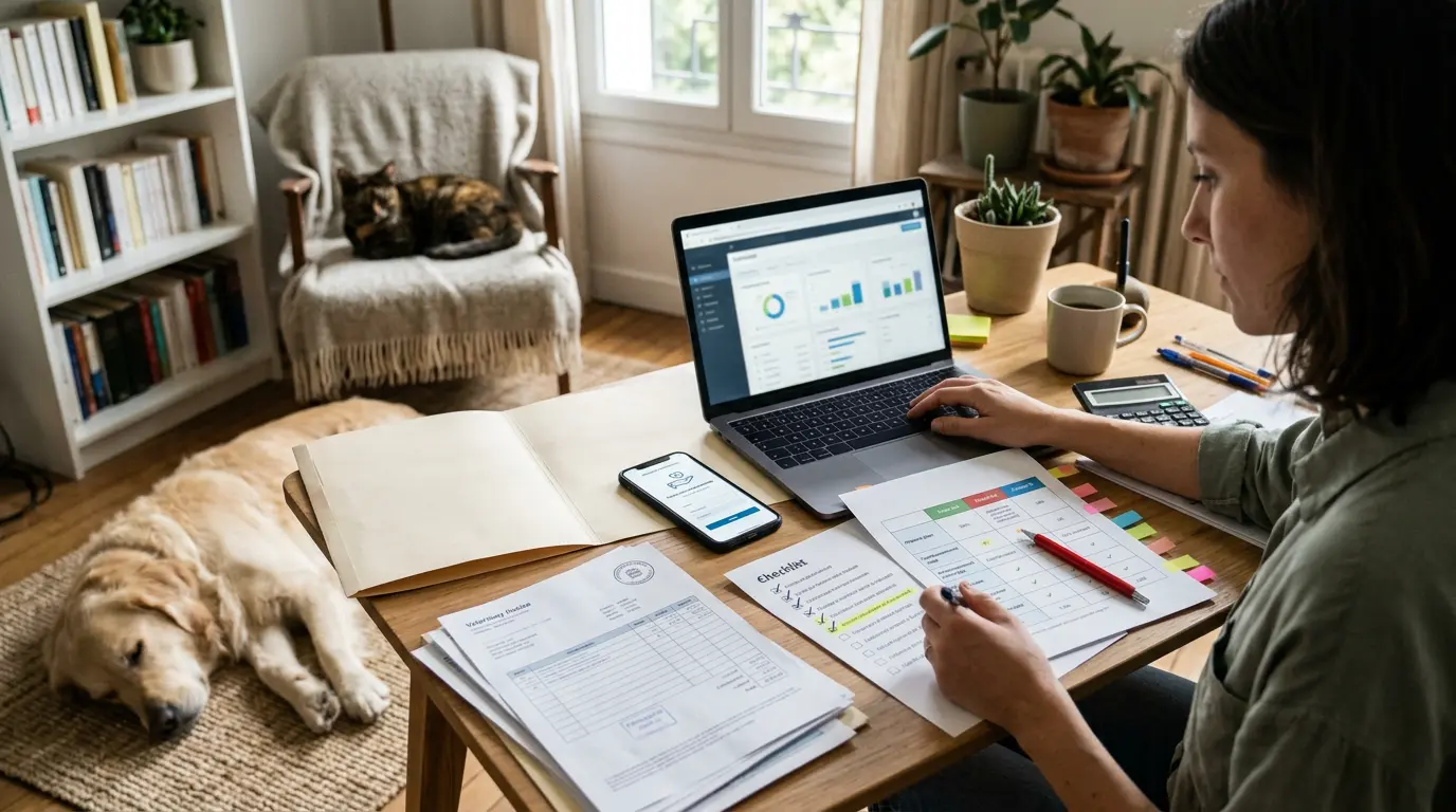 Scène d'un propriétaire français examinant des documents d'eca assurance pour animaux dans un bureau chaleureux et organisé.