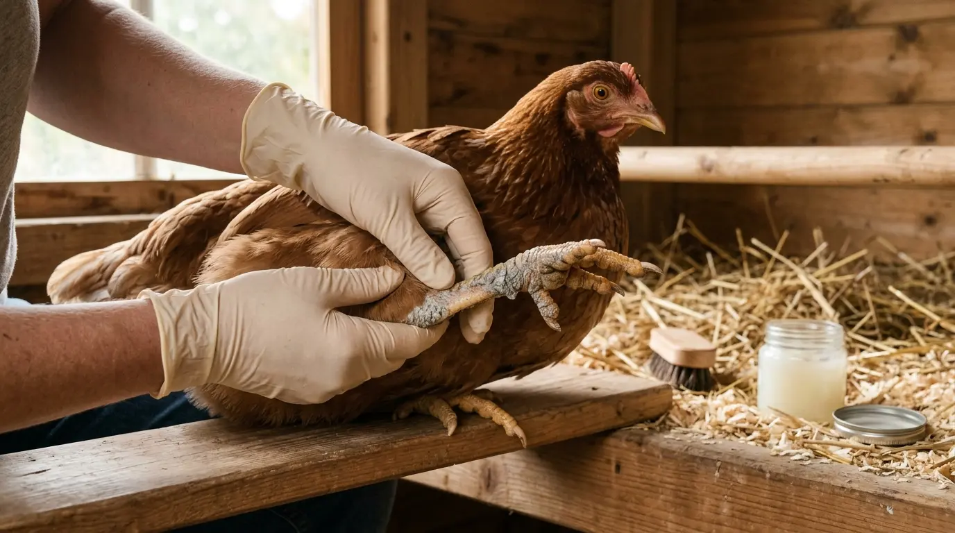 Calme poule manipulée avec soin, montrant une patte affectée par la gale des pattes poules dans un poulailler propre.