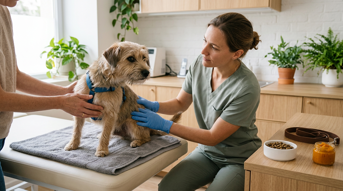 Vétérinaire examine les glandes anales chien dans une clinique apaisante, avec un chien et des éléments de bien-être.