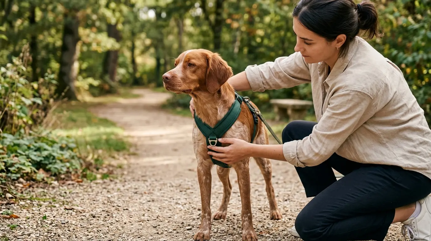 Chien calme avec harnais en y bien ajusté, dans un parc verdoyant, posture détendue et confort visible.