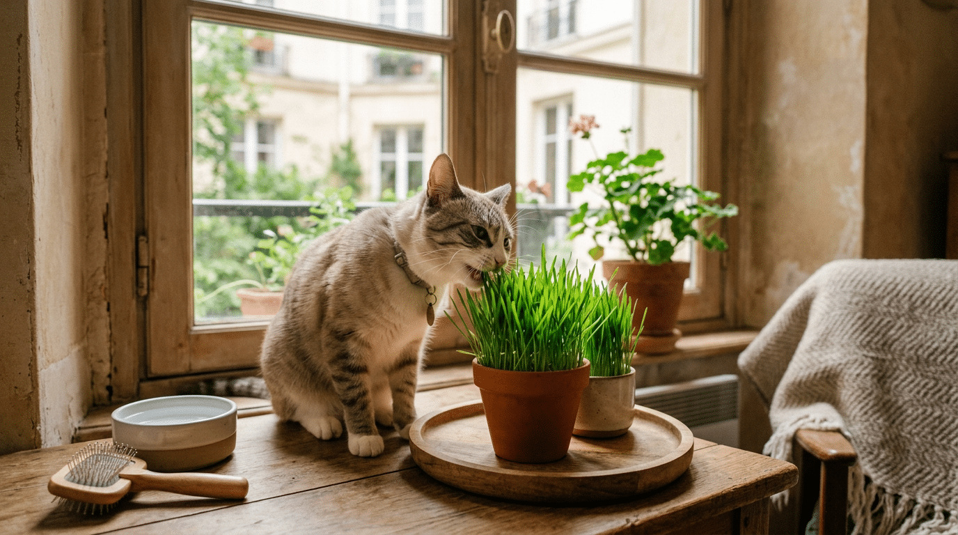 Un chat européen dégustant de l'herbe à chat près d'une fenêtre, ambiance apaisante et naturelle dans un appartement français.