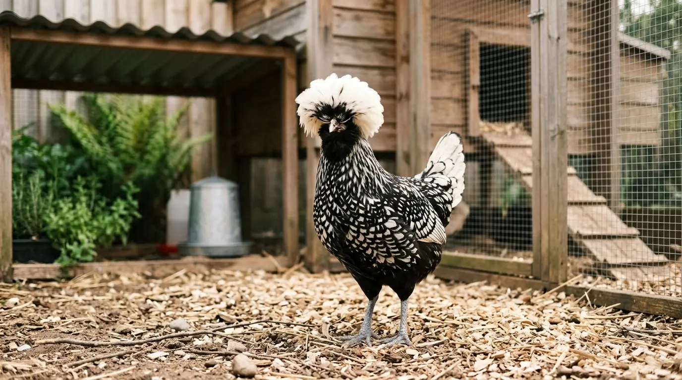 Hollandaise huppée au plumage noir et crête blanche, dans un enclos propre avec un abri en bois et des plantes vertes.