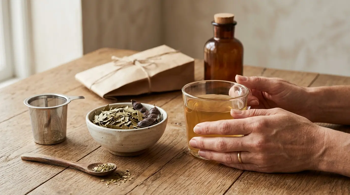 Dried senna leaves et pods dans un bol, tasse d'infusion, mains tenant une tasse, ambiance calme sur les senes.
