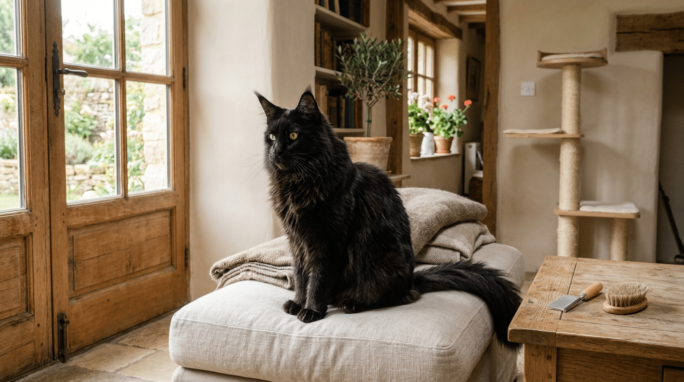 Maine coon noir majestueux sur un canapé clair, près d'une fenêtre, avec des éléments de toilettage à proximité.