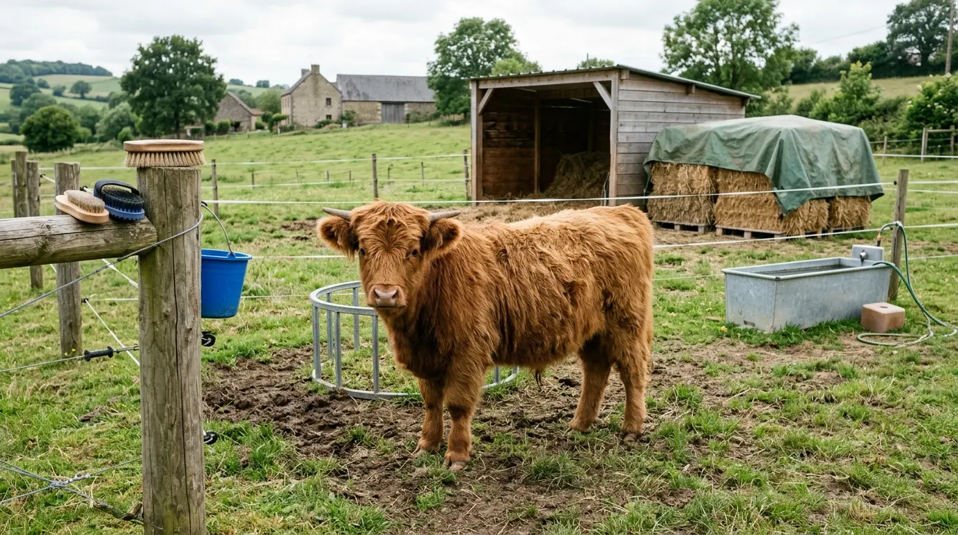 Mini vache fluffy dans un pâturage paisible, pelage soyeux, ambiance chaleureuse et éléments de ferme en arrière-plan.