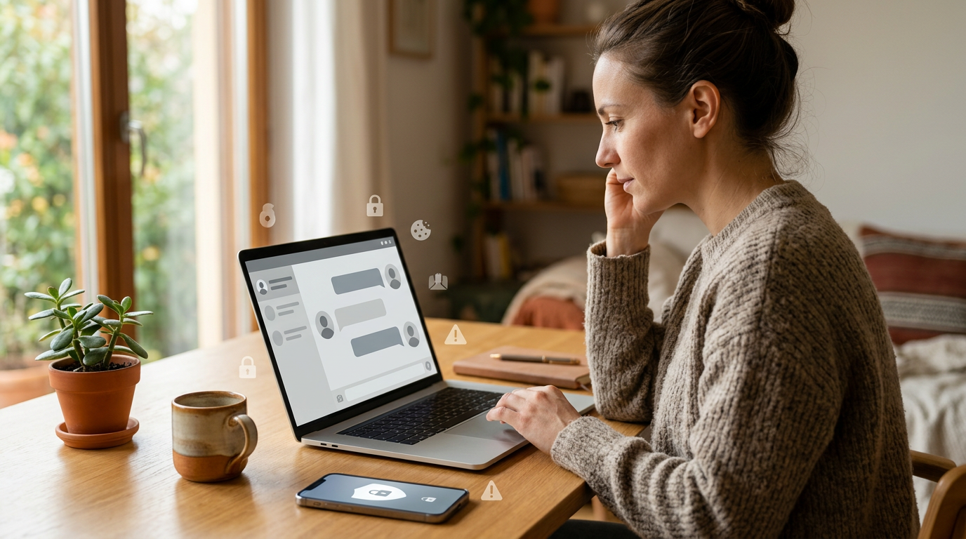 Couverture d'article sur omigo chat : adulte français pensif devant un ordinateur, smartphone avec icône de sécurité, ambiance chaleureuse.