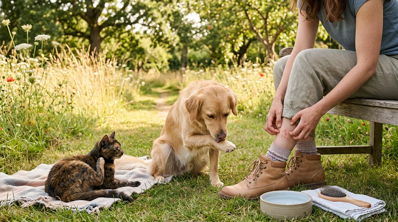 Personne sur un banc grattant une piqure aoutat, avec un chien et un chat attentifs dans un jardin ensoleillé.