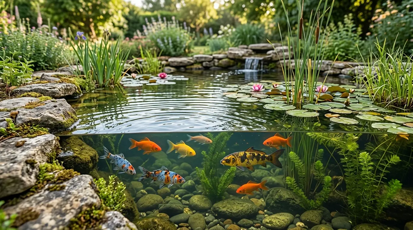 Calme bassin extérieur avec poissons pour bassin extérieur, plantes aquatiques et cascade naturelle, ambiance sereine et équilibrée.