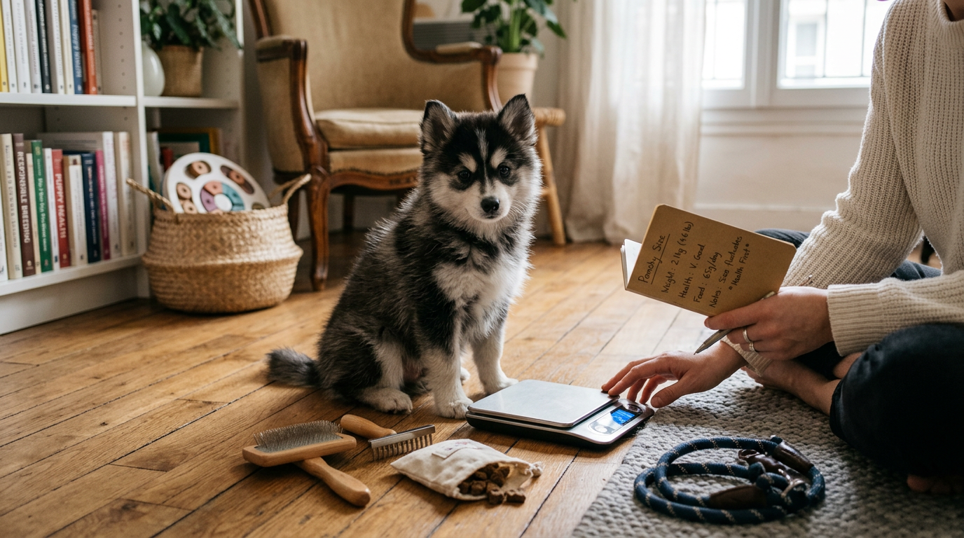 Pomsky nain assis sur un parquet en bois, avec des outils de toilettage et un carnet de mesures à proximité.