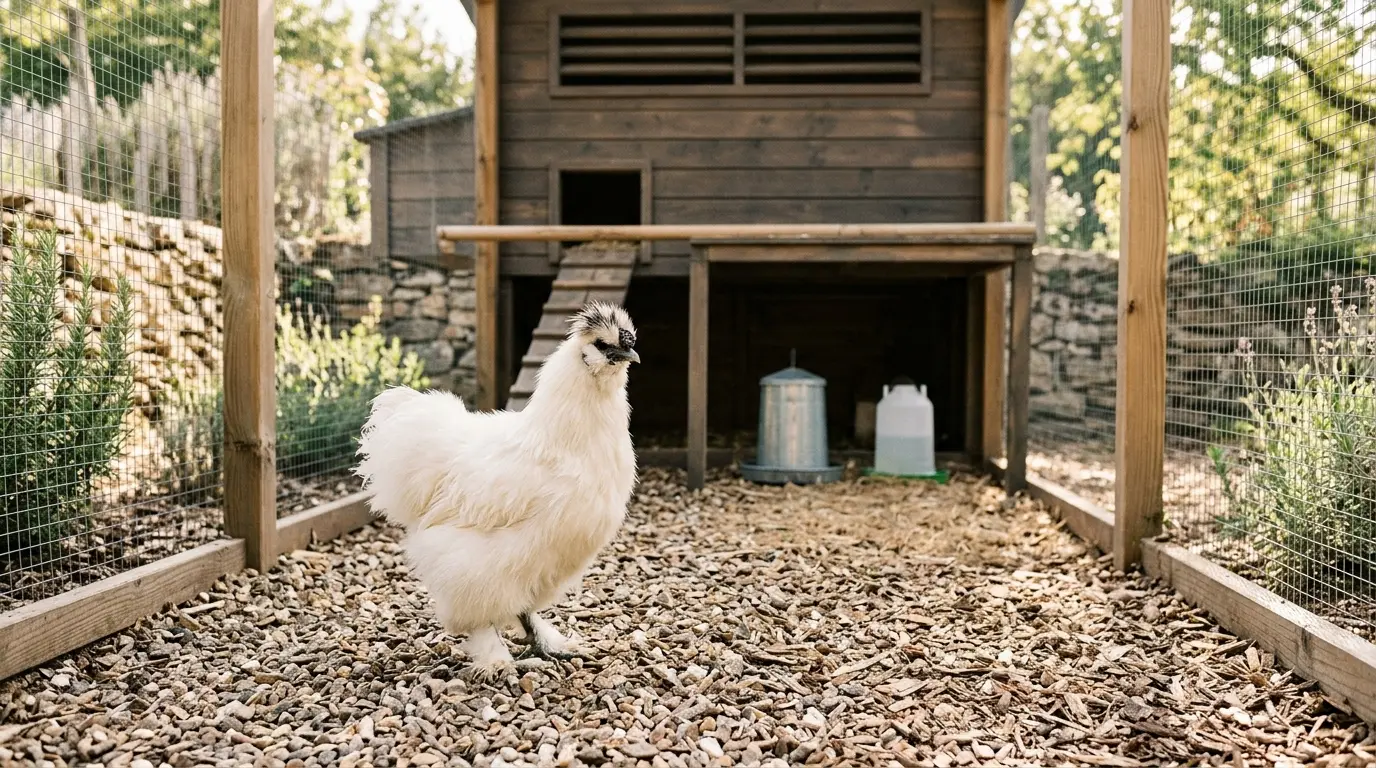 Poule en soie aux plumes soyeuses dans un enclos propre, avec un poulailler en bois et un jardin en arrière-plan.