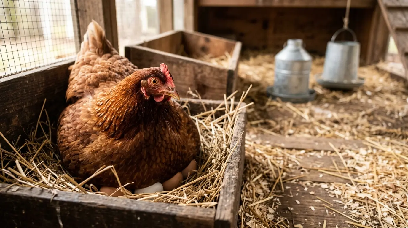 Poule qui couvent dans un nid en paille, protégeant ses œufs avec une expression attentive dans un poulailler chaleureux.