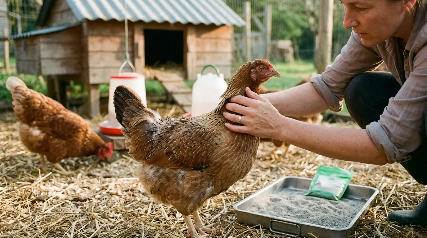 Poule qui perd ses plumes inspectée par un soigneur dans un poulailler calme, avec d'autres poules en arrière-plan.