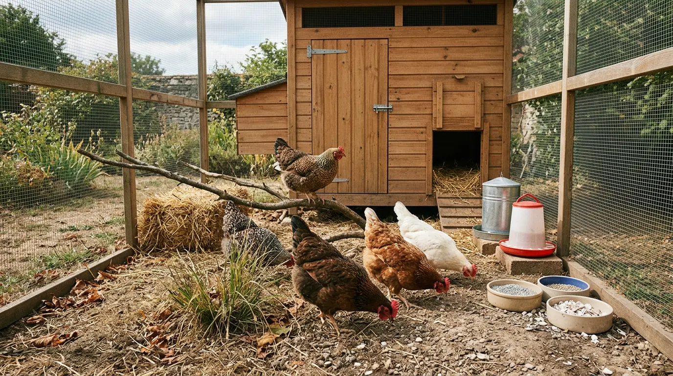 Poule en plein foraging dans un enclos bien conçu avec un poulailler propre et des accessoires naturels.