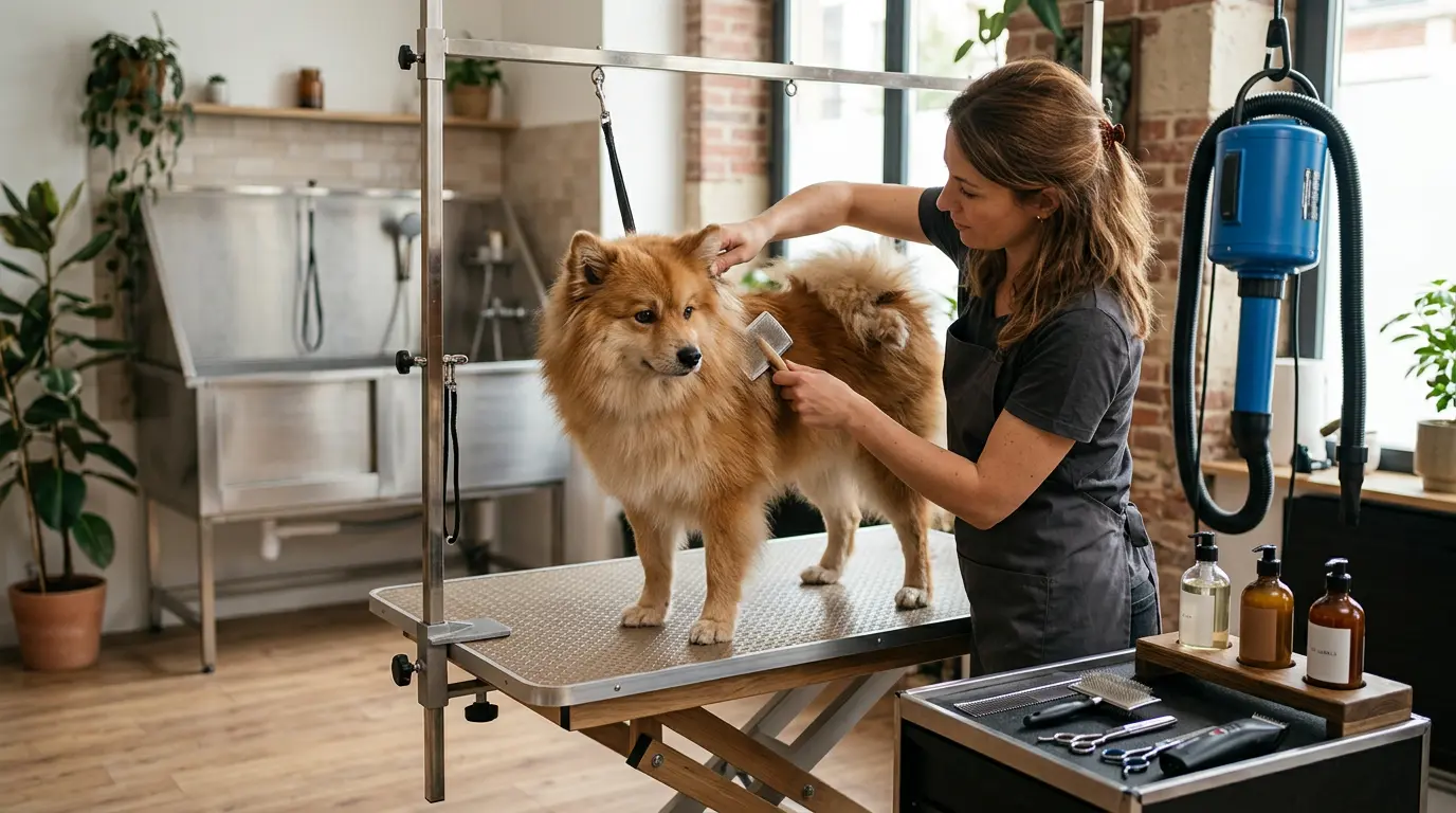 Salon de toilettage moderne avec un toiletteur brossant un chien, illustrant le prix d un toilettage pour chien.