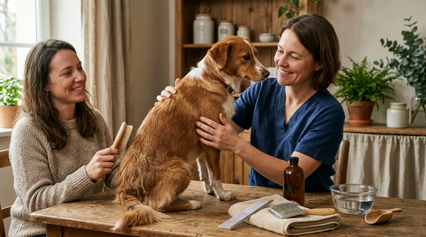 Vétérinaire examine le pelage d'un chien dans une clinique, mettant en avant le soin poil et les essentiels de toilettage.