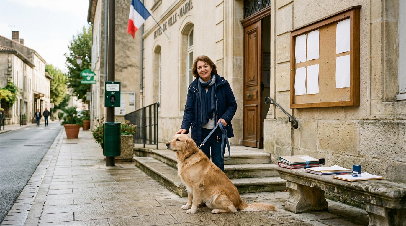 Calme propriétaire de chien avec son animal devant la mairie, évoquant la taxe sur les chiens et la responsabilité civique.