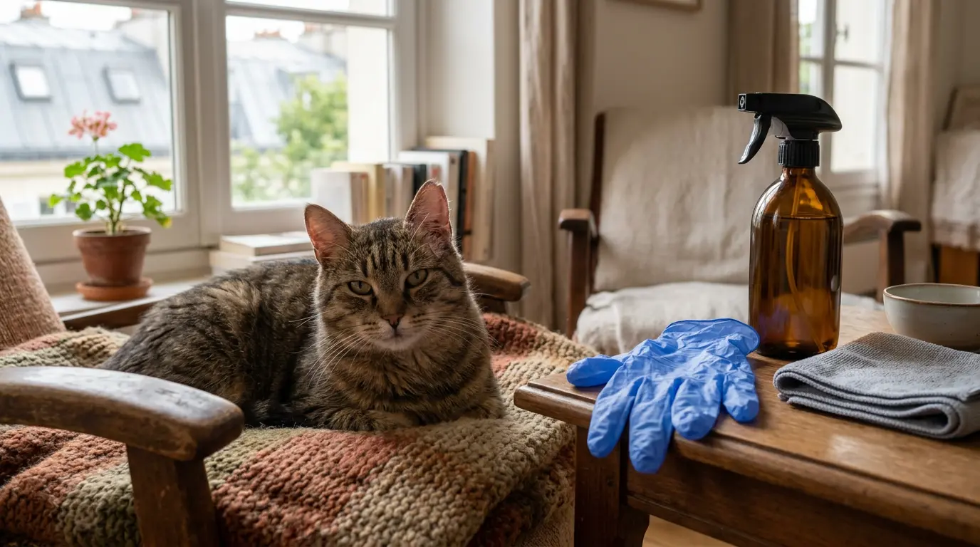 Chat domestique sur une couverture près d'une fenêtre, montrant des signes de teigne chat avec un environnement soigné.