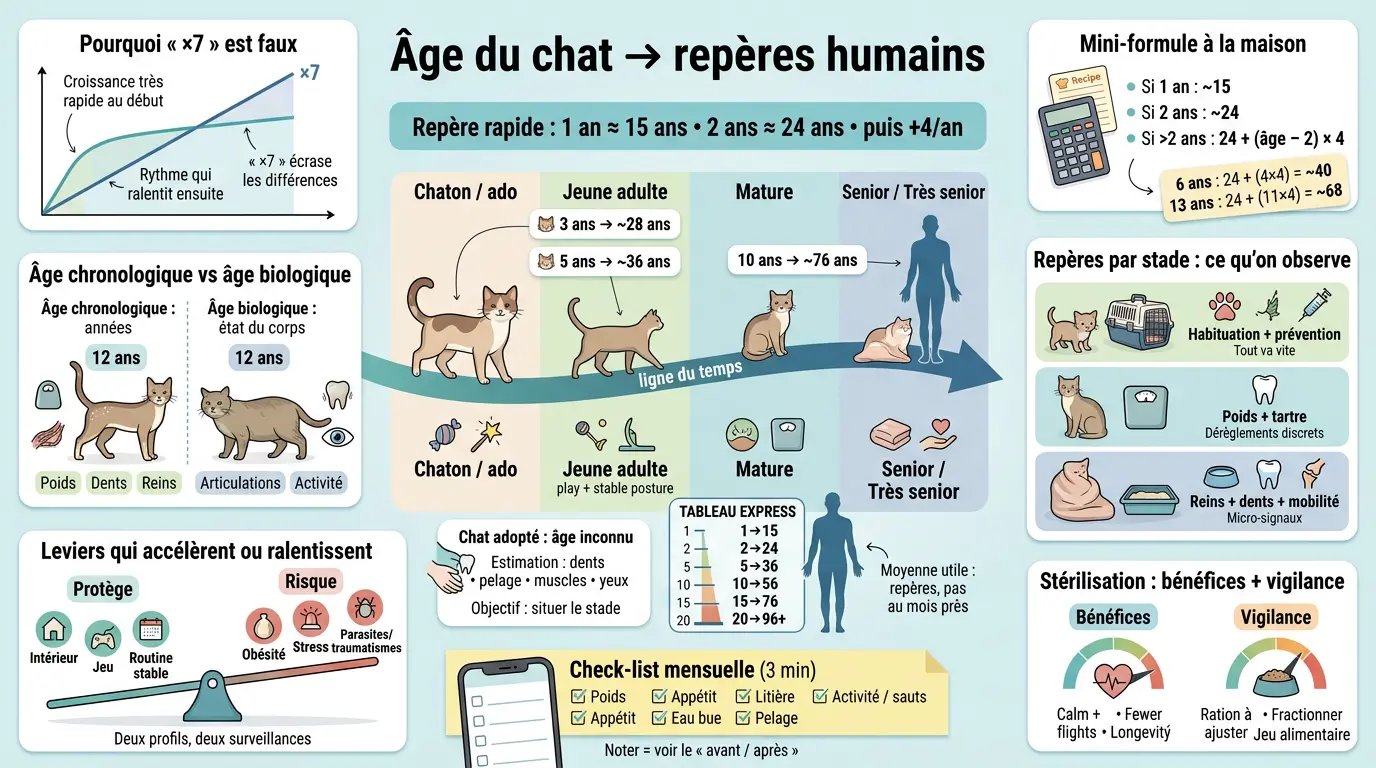 Infographie éducative sur l'âge chat en humain, montrant la conversion des âges avec illustrations et repères clairs.