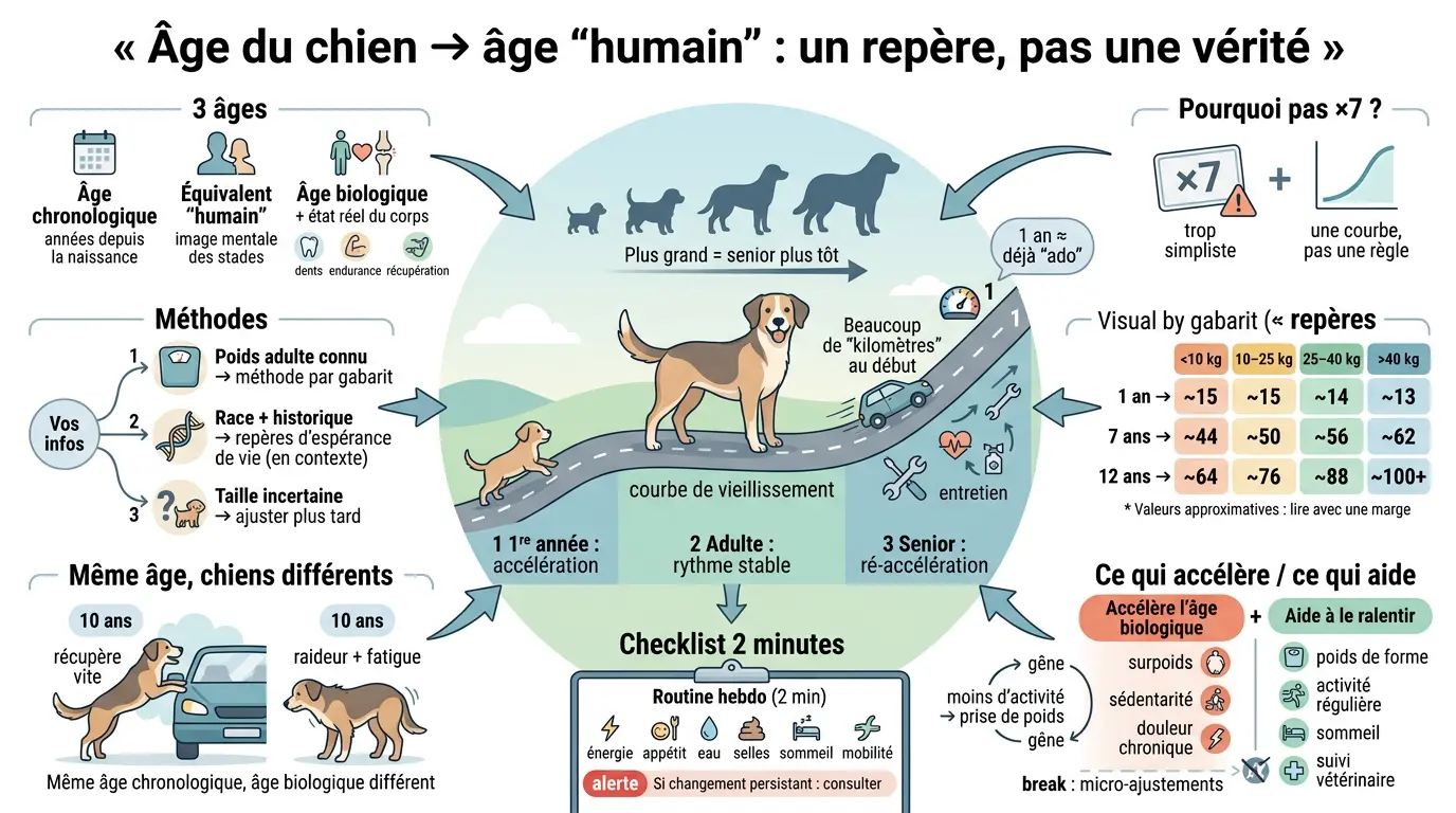 Infographie éducative sur l'âge chien en humain, illustrant la courbe de vieillissement et les facteurs influents.