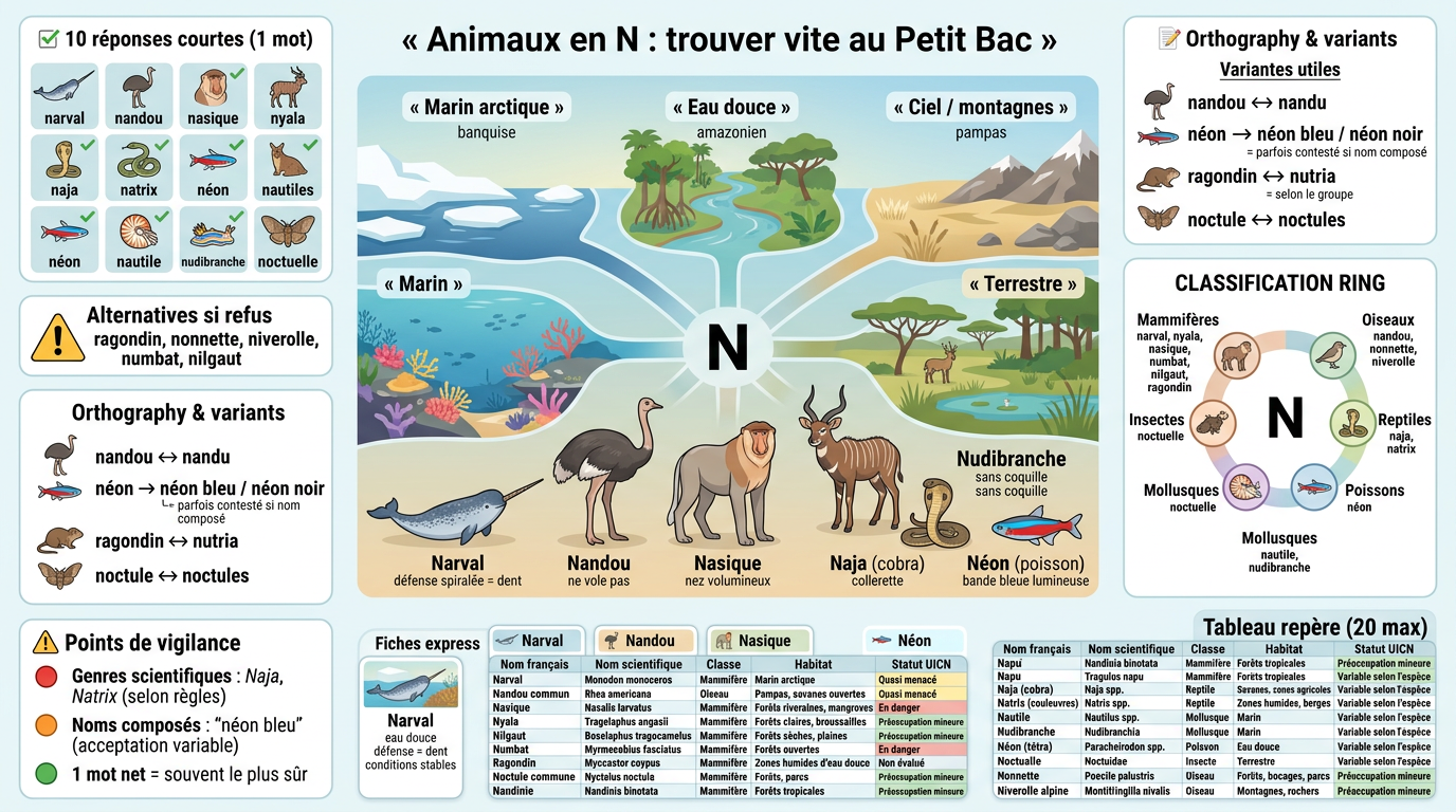 Infographie éducative sur les animaux en n, présentant un N central avec habitats et espèces illustrées en couleurs pastel.