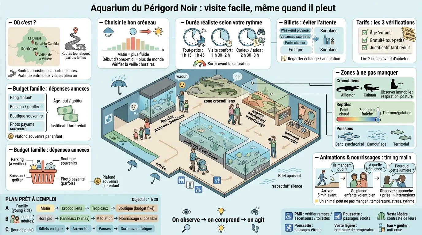 Infographie éducative sur la visite en famille à l'aquarium Périgord Noir, incluant conseils pratiques et zones à explorer.