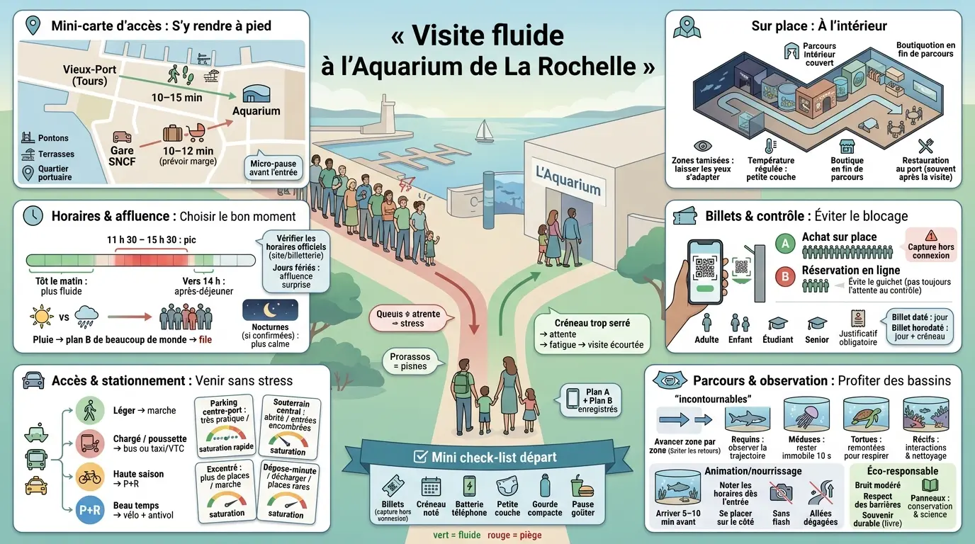 Infographie sur la visite fluide à l'aquarium rochelle, avec conseils pour éviter les files d'attente et profiter pleinement.