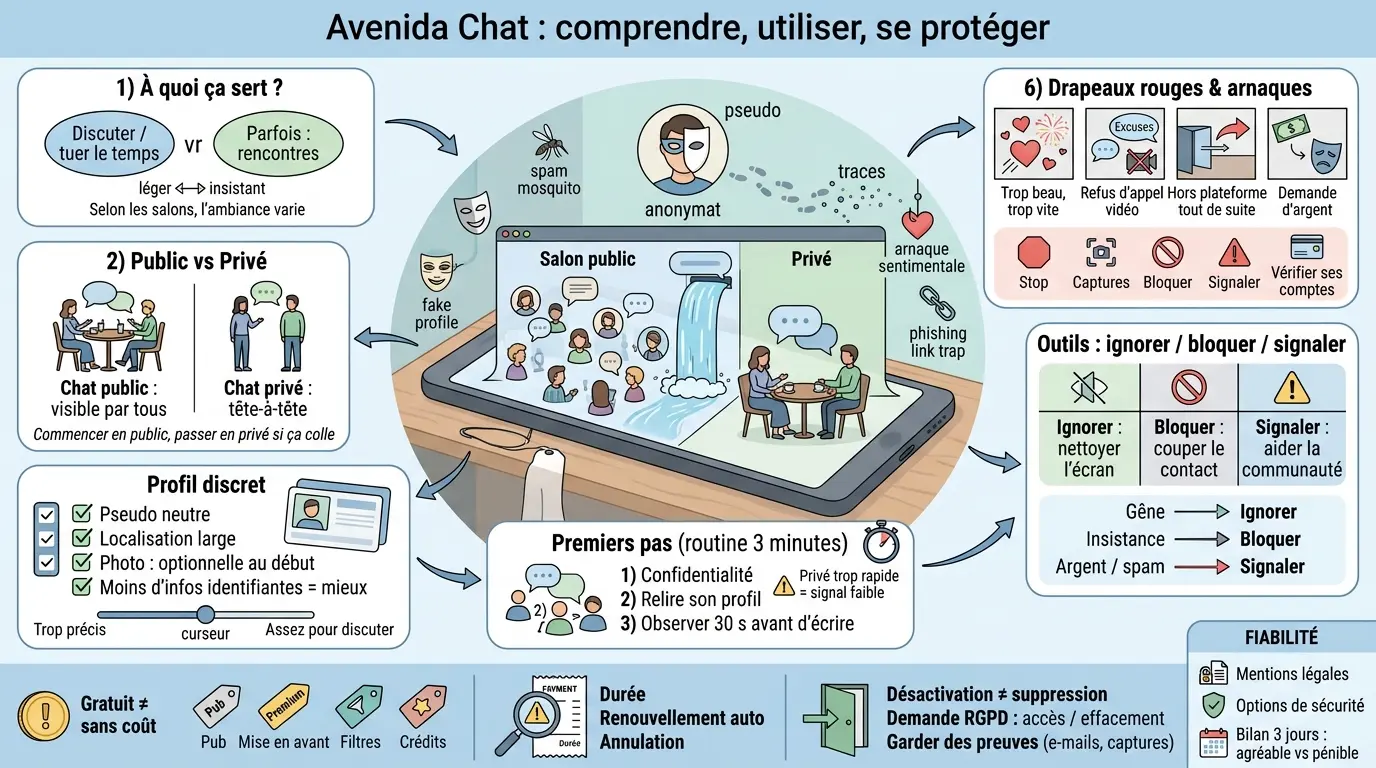 Infographie éducative sur l'utilisation sécurisée d'Avenida Chat, illustrant les zones publiques et privées, les risques et les conseils pratiques.