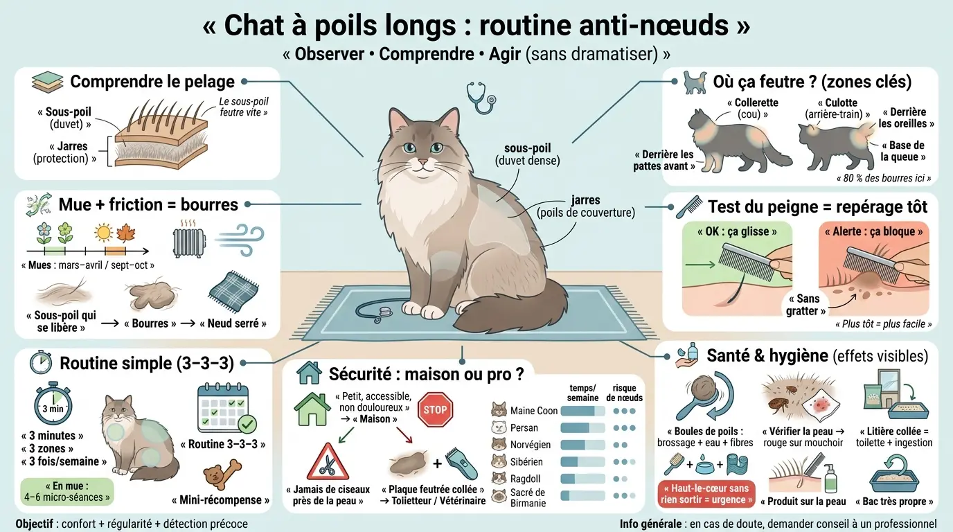 Infographie éducative sur l'entretien d'un chat à poils longs, illustrant les soins, la mue et les zones à surveiller.