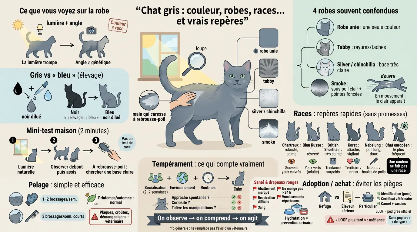 Infographie éducative sur le chat gris, ses robes, races et conseils d'observation, avec illustrations et métaphores visuelles.