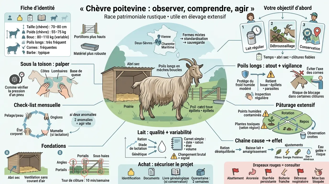 Infographie éducative sur la chèvre poitevine, présentant ses caractéristiques, objectifs d'élevage et entretien.