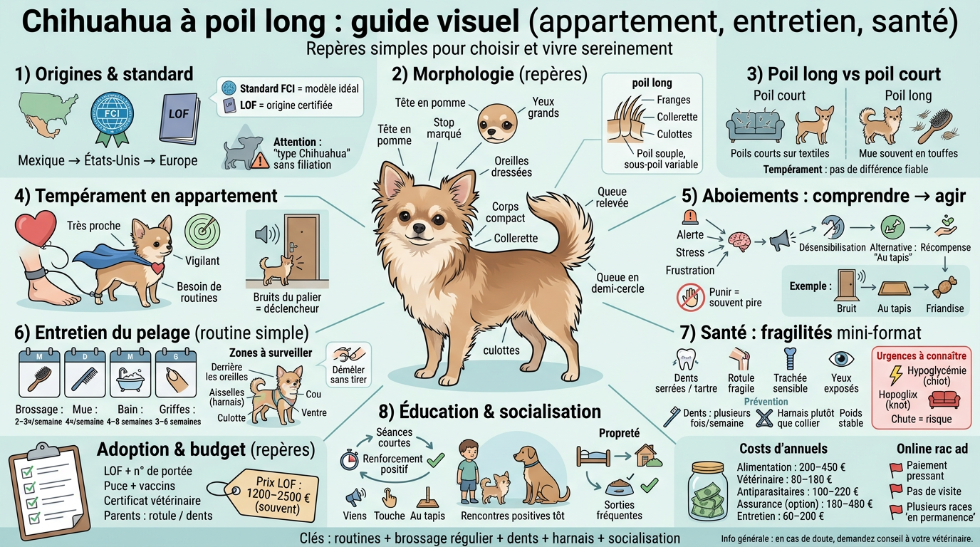 Infographie éducative sur le chihuahua poil long, présentant ses origines, morphologie, tempérament, entretien et santé.