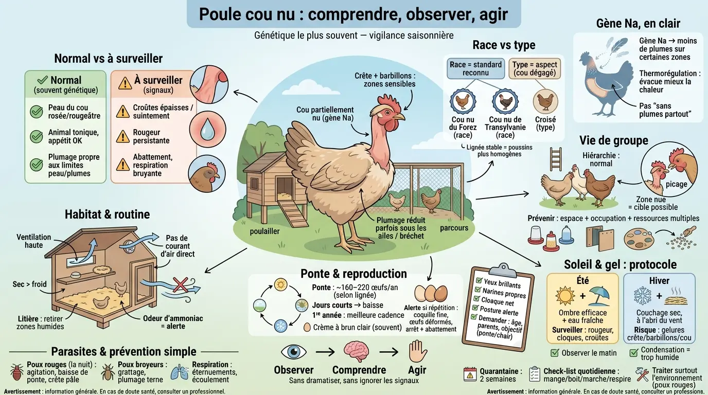 Infographie éducative sur le cou nu poule, illustrant génétique, comportement, ponte et soins en milieu pastoral.